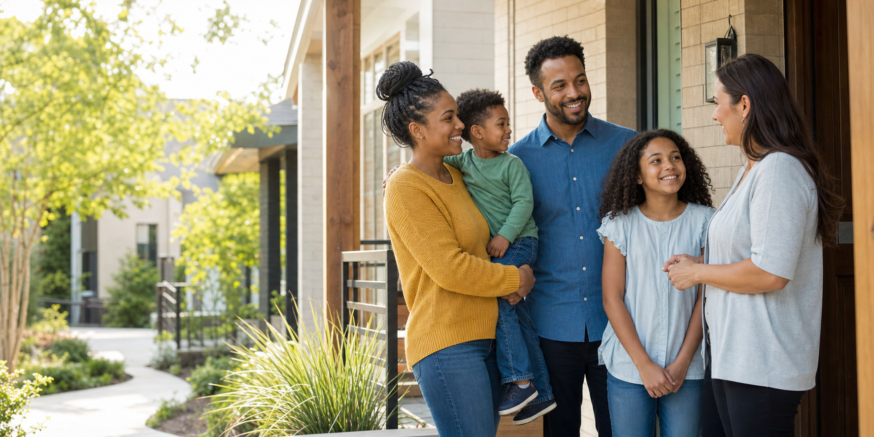 A family speaking with a housing staff member outside a welcoming home